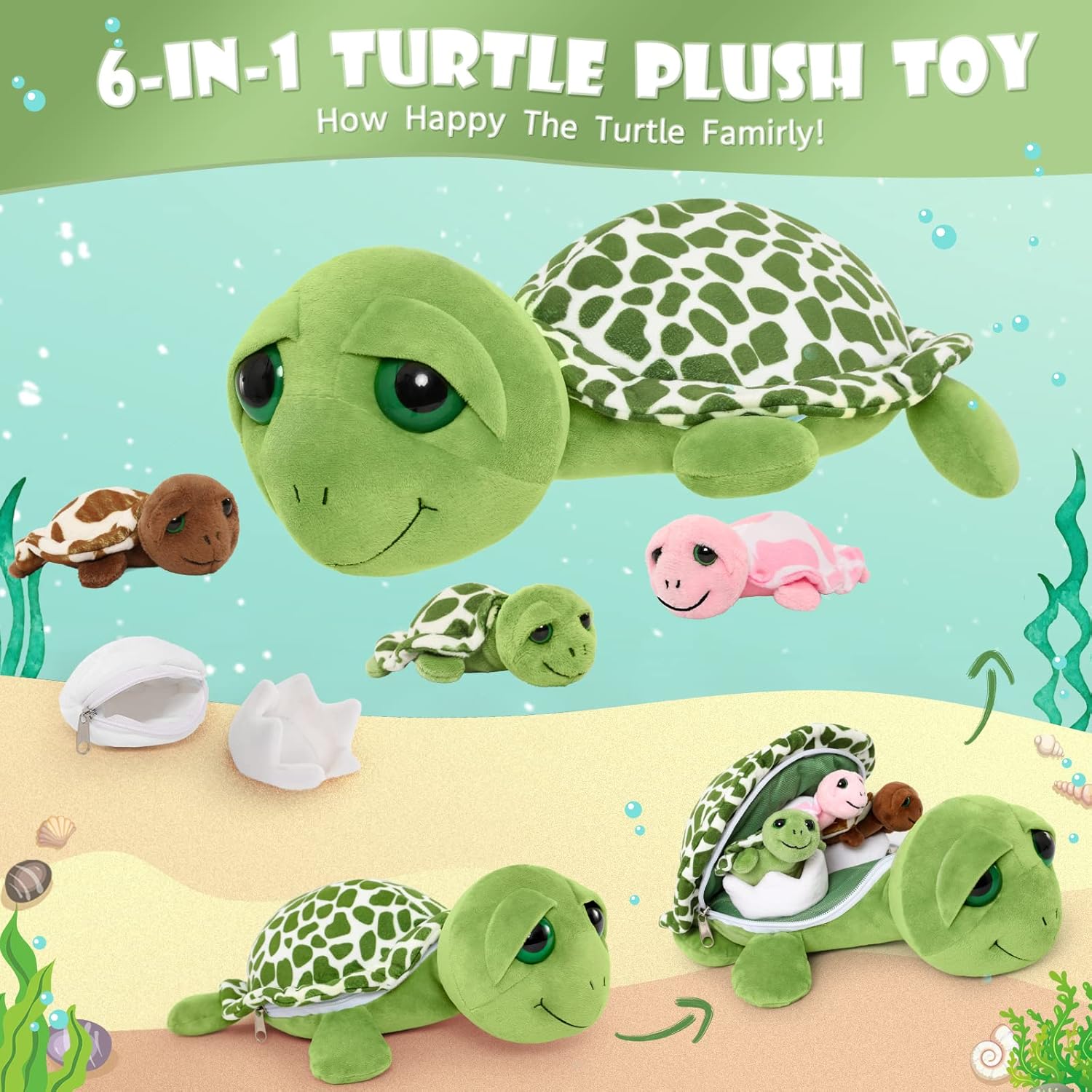 MorisMos Sea Turtle Plush Family Toy with Zipper Belly