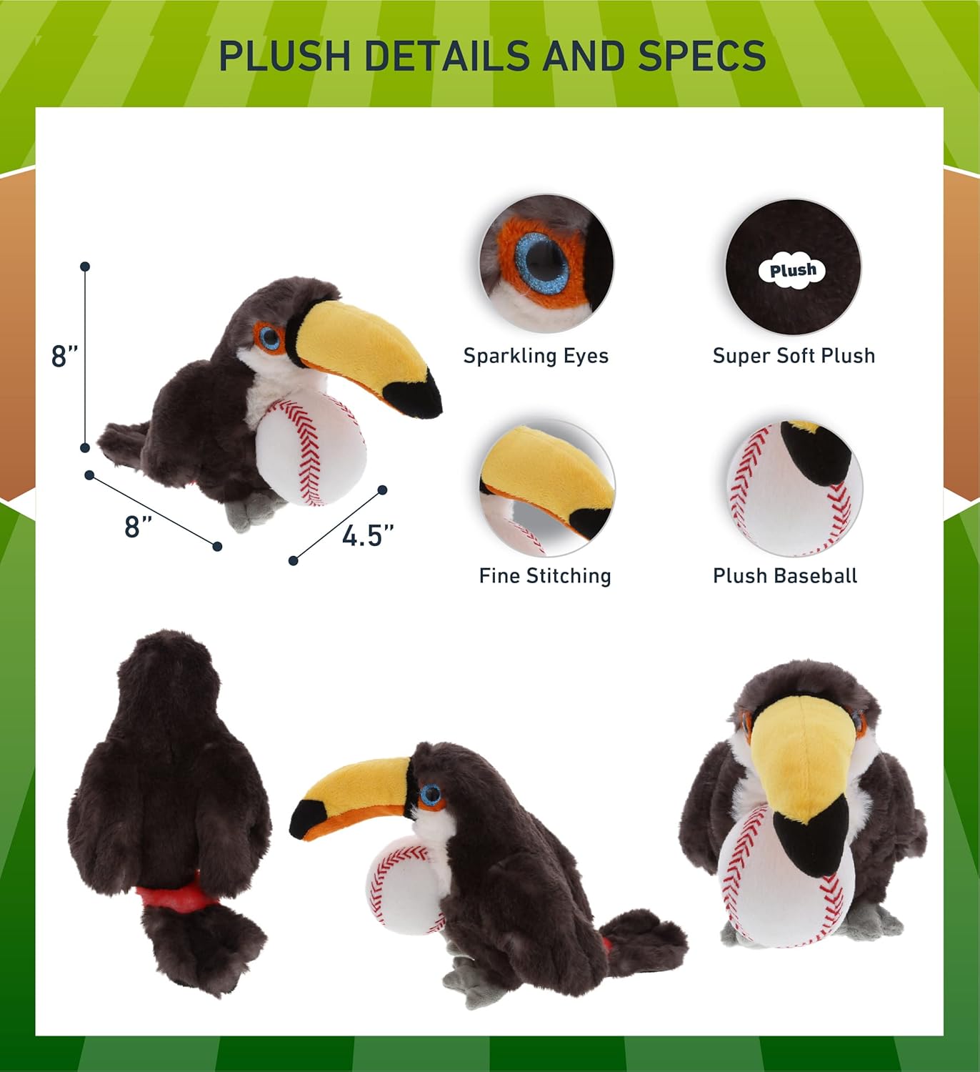 DolliBu Toucan Plush with Baseball - 8 Inches
