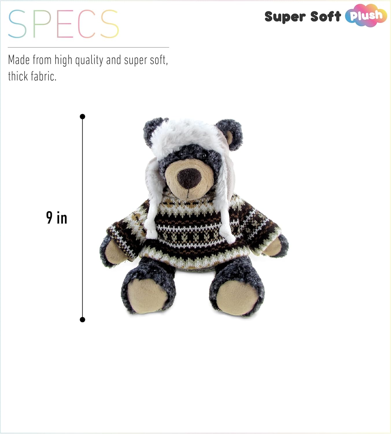 DolliBu Plush Black Bear with Hat and Sweater - 9 Inches