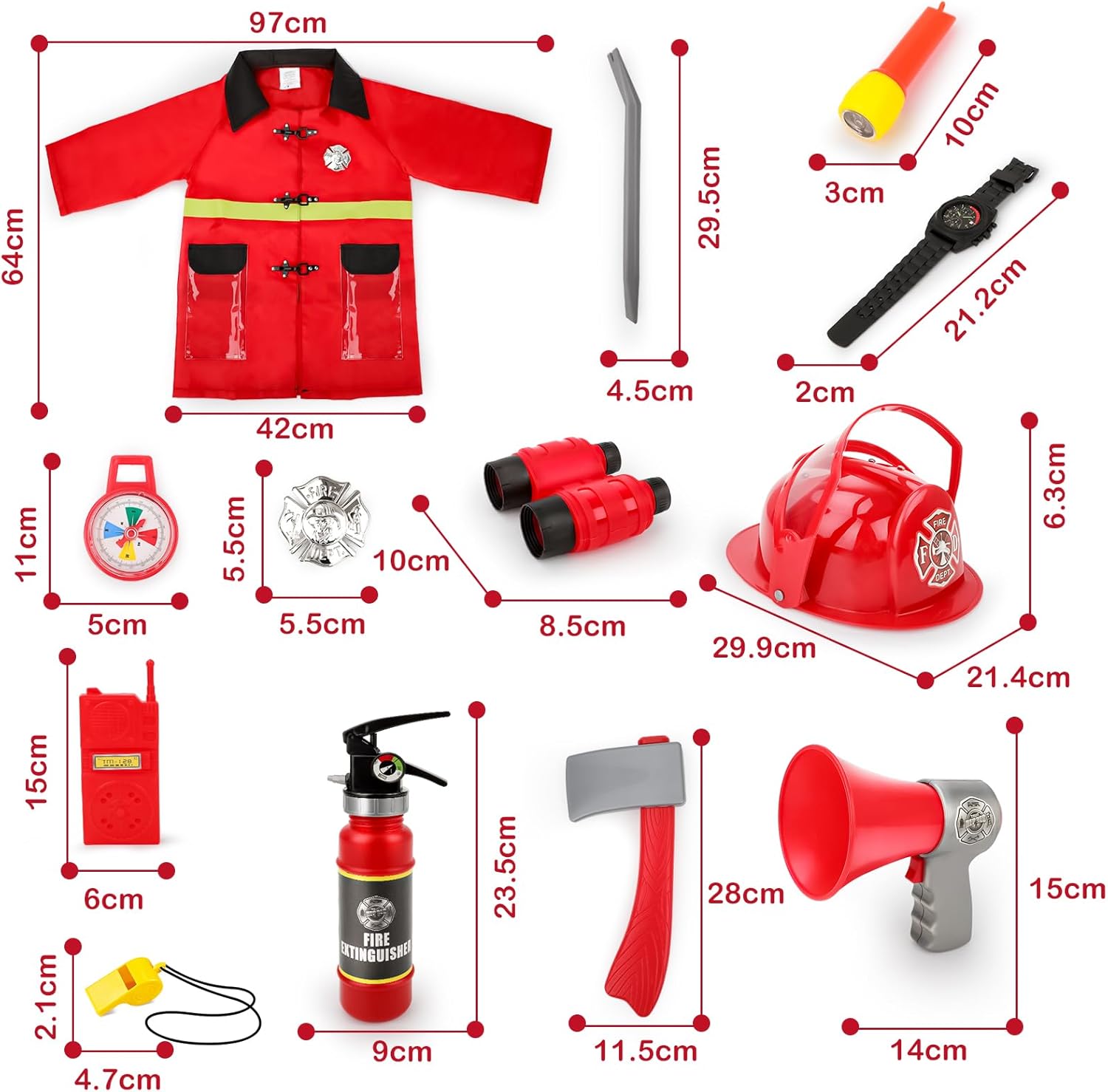 deAO Fireman Costume Kids 13 Pcs Dress Up Set