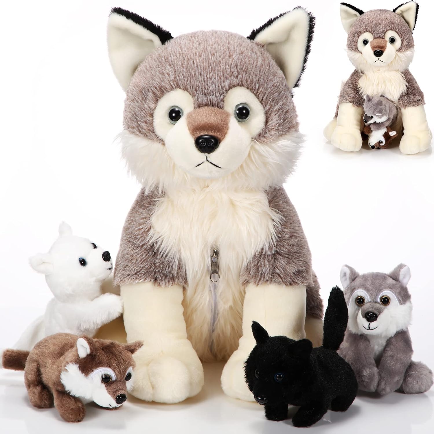 Honoson 5 Pcs Wolf Plush Toy Set with 4 Cute Babies