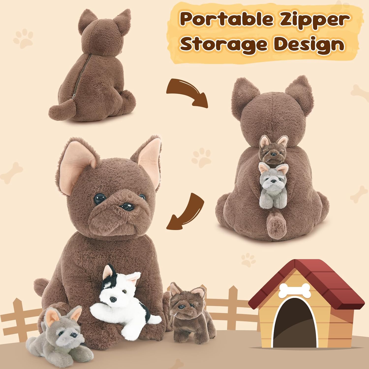 Tezituor French Bulldog Plush Toy with 3 Babies