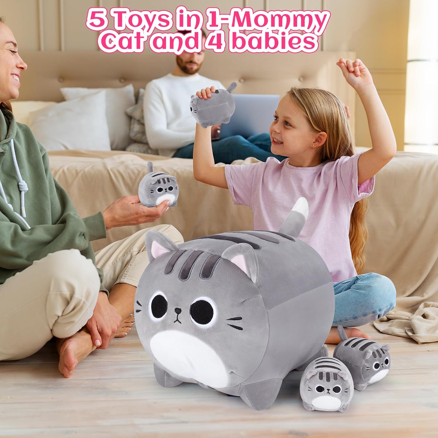 Grey Cat Plush Family Set 5PCS Stuffed Animals