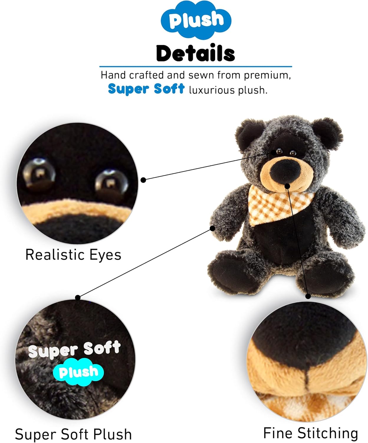 DolliBu Plush Black Bear Stuffed Animal - 8 Inch Huggable