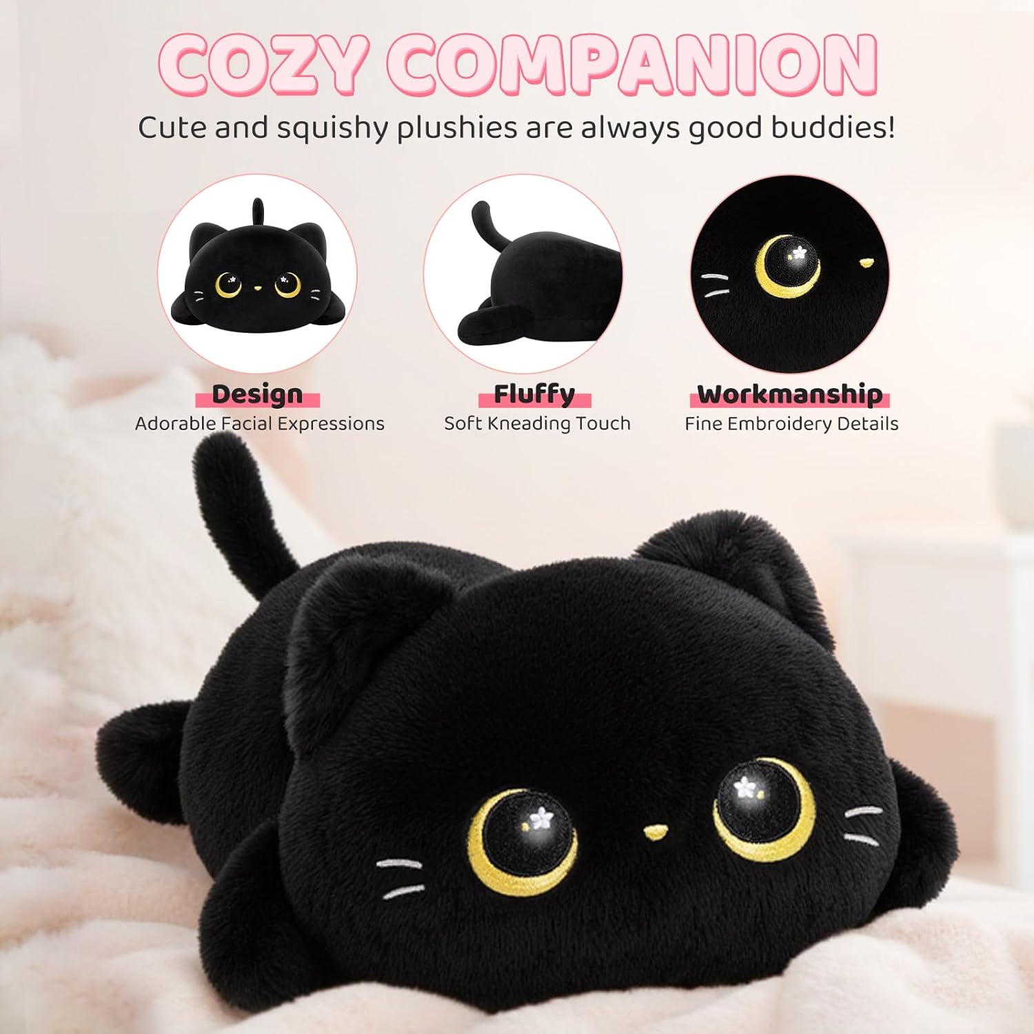 Cute Black Cat Plush Pillow for Kids Girls