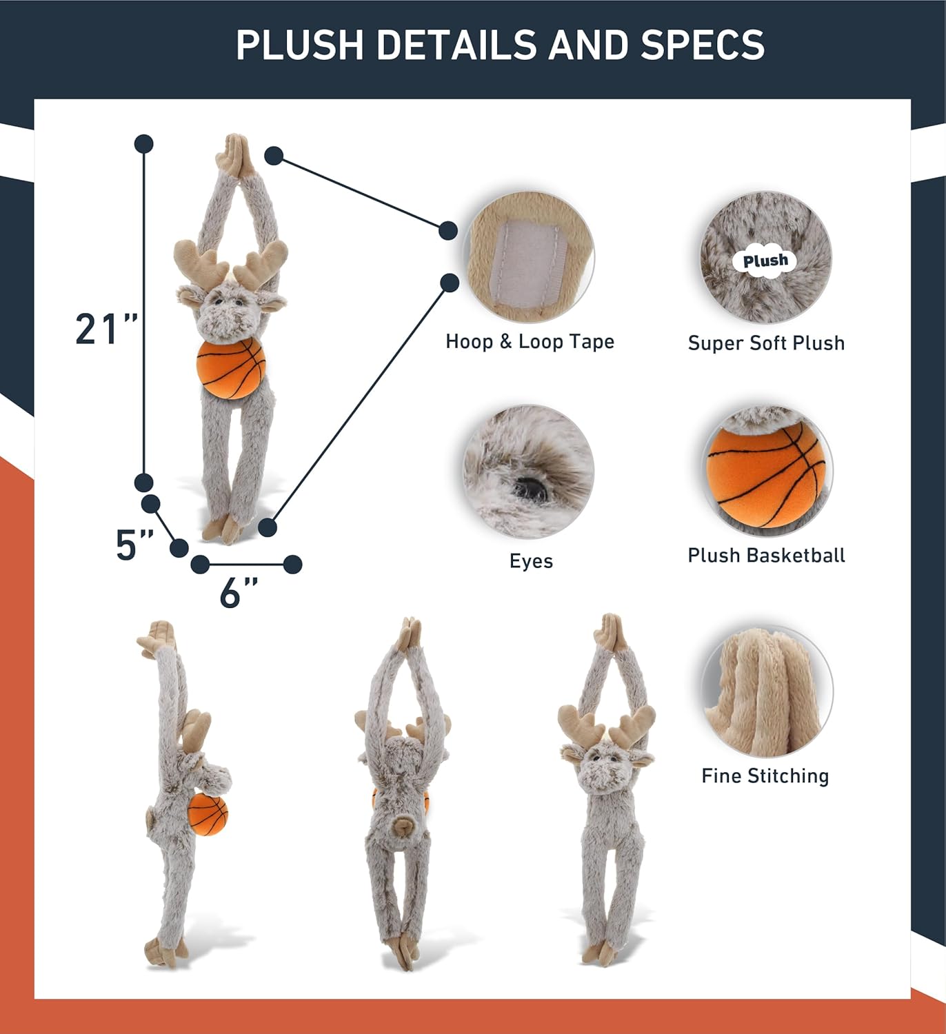 DolliBu Long Arms Moose with Basketball Plush - 21 Inch