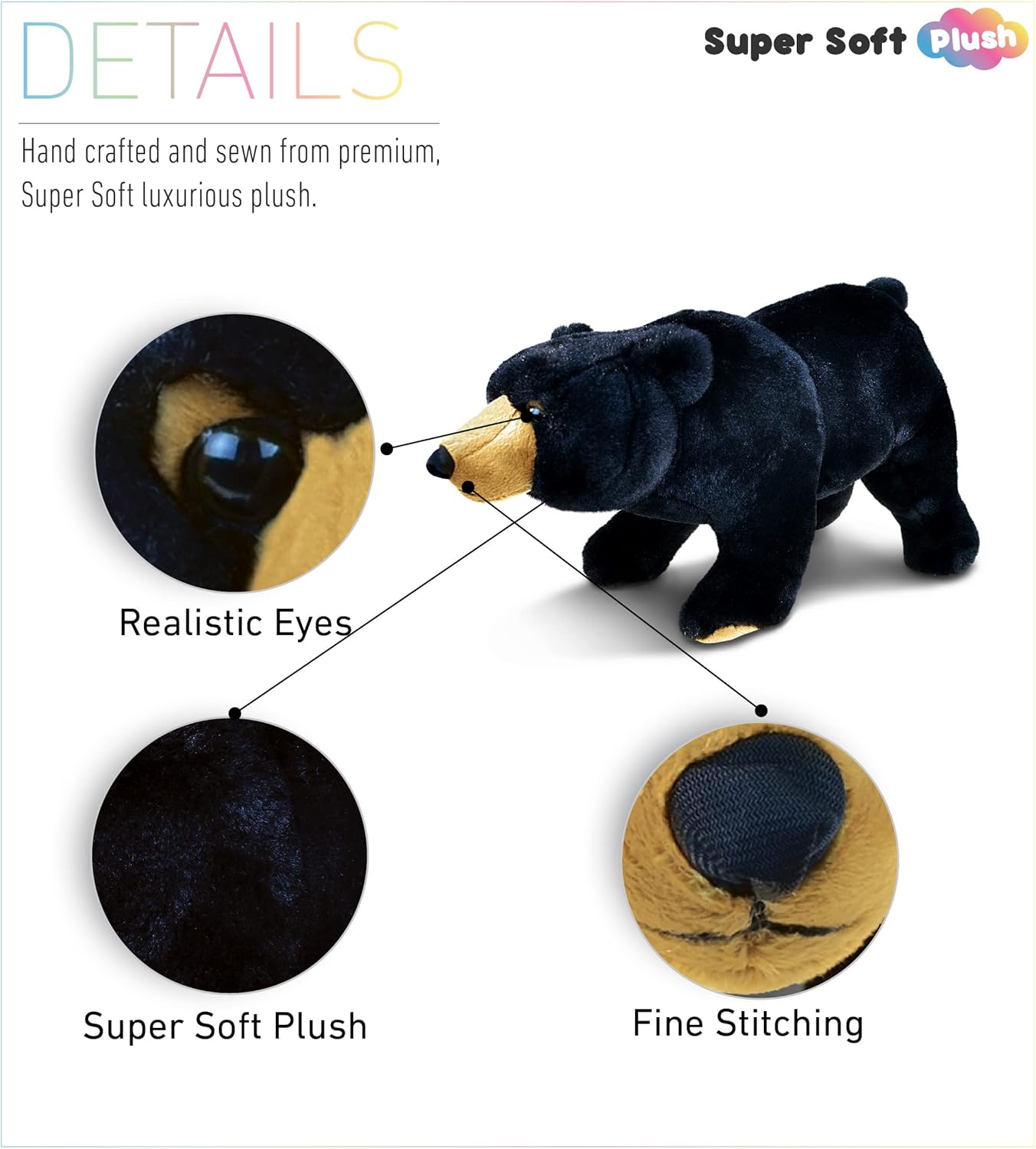 DolliBu Plush Black Bear - 16 Inches Huggable Toy