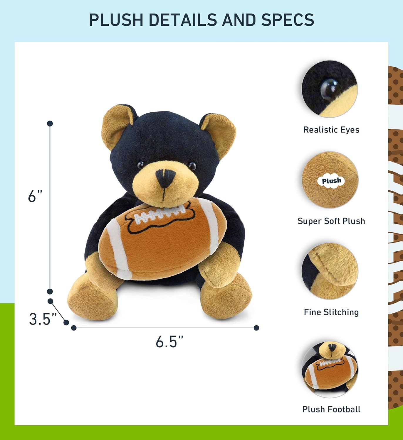 DolliBu Black Bear Plush with Football - 6 Inch Huggable