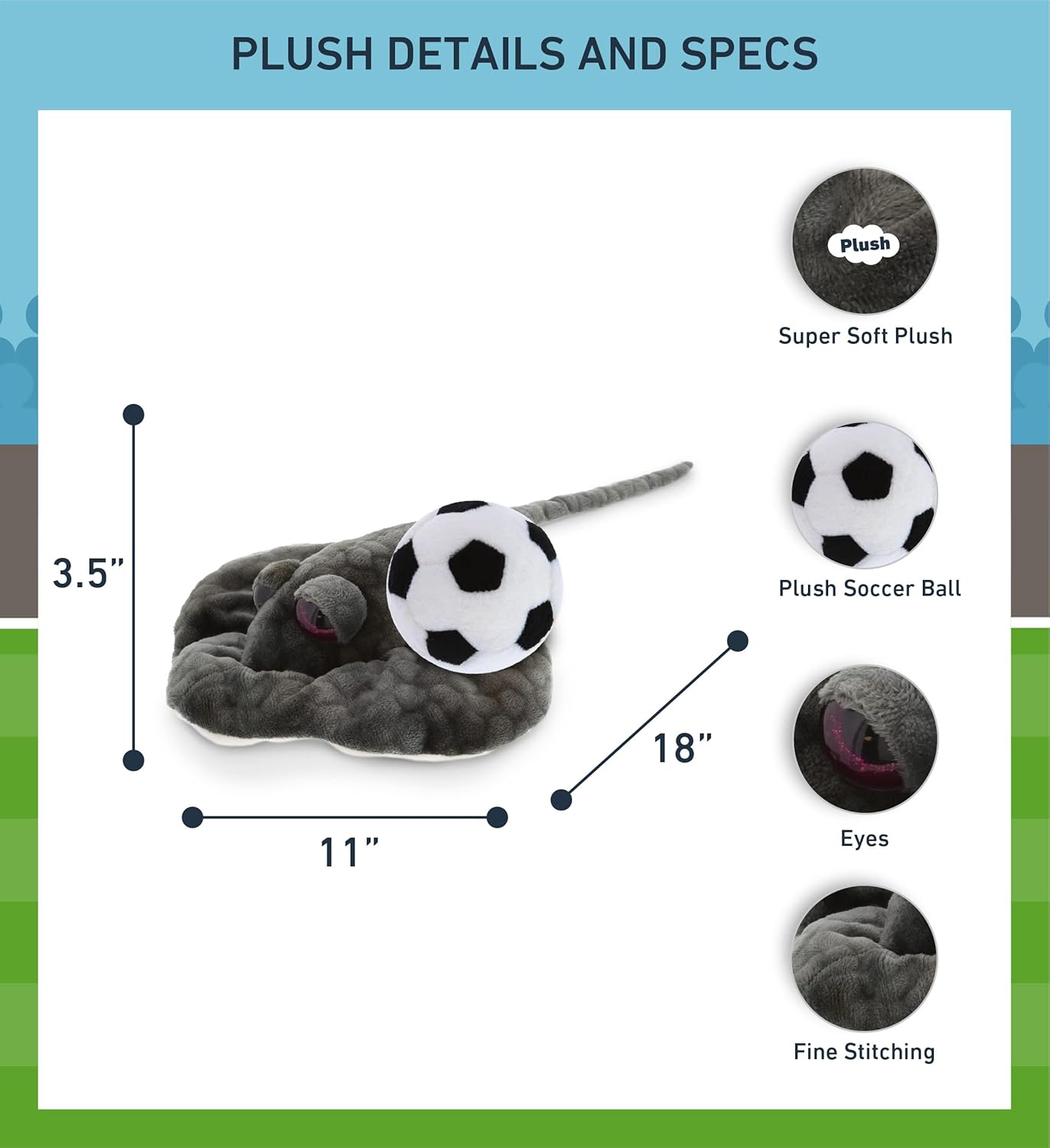 DolliBu Grey Stingray Plush with Soccer Ball - 18 Inches