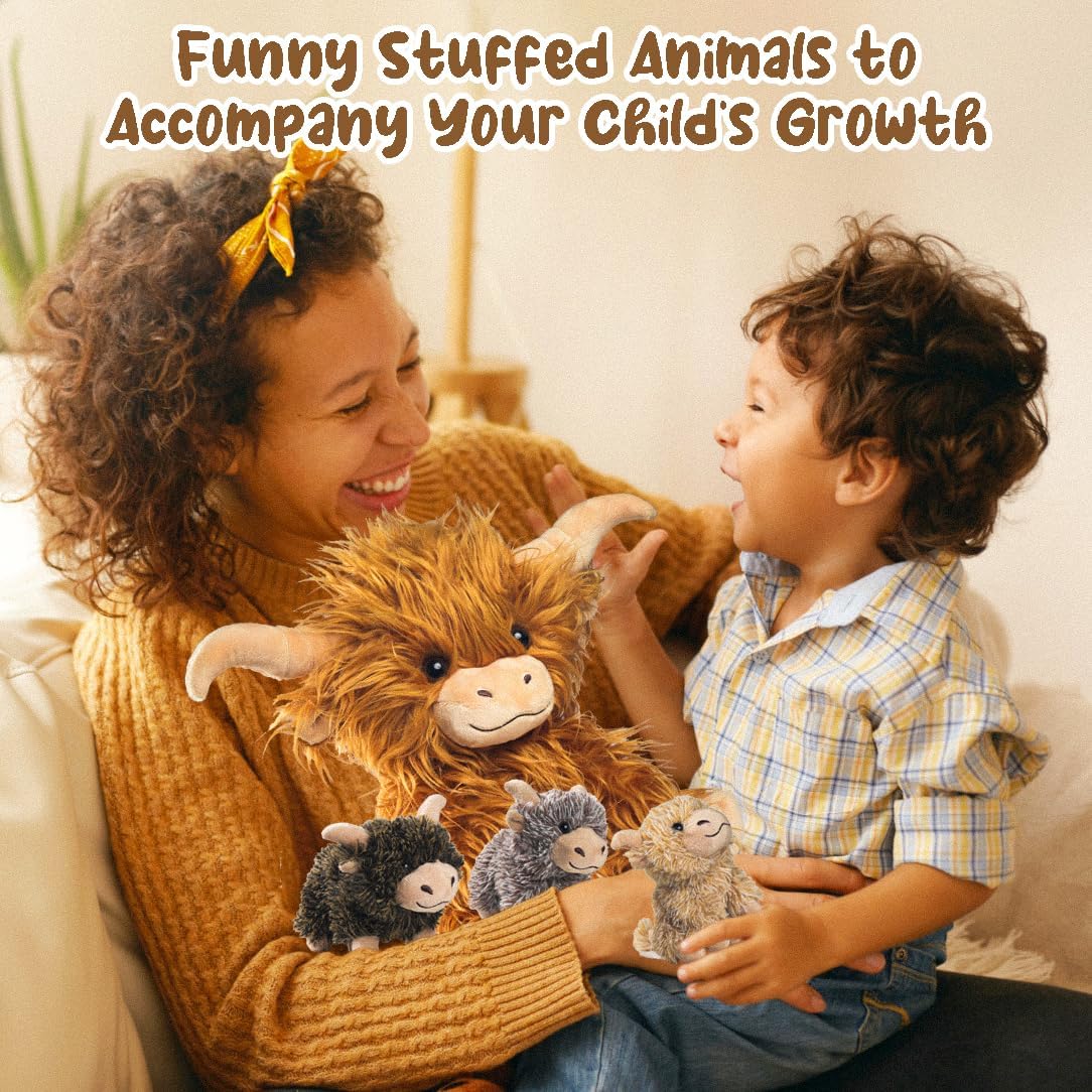 5 Pcs Highland Cow Plush Set with 4 Babies