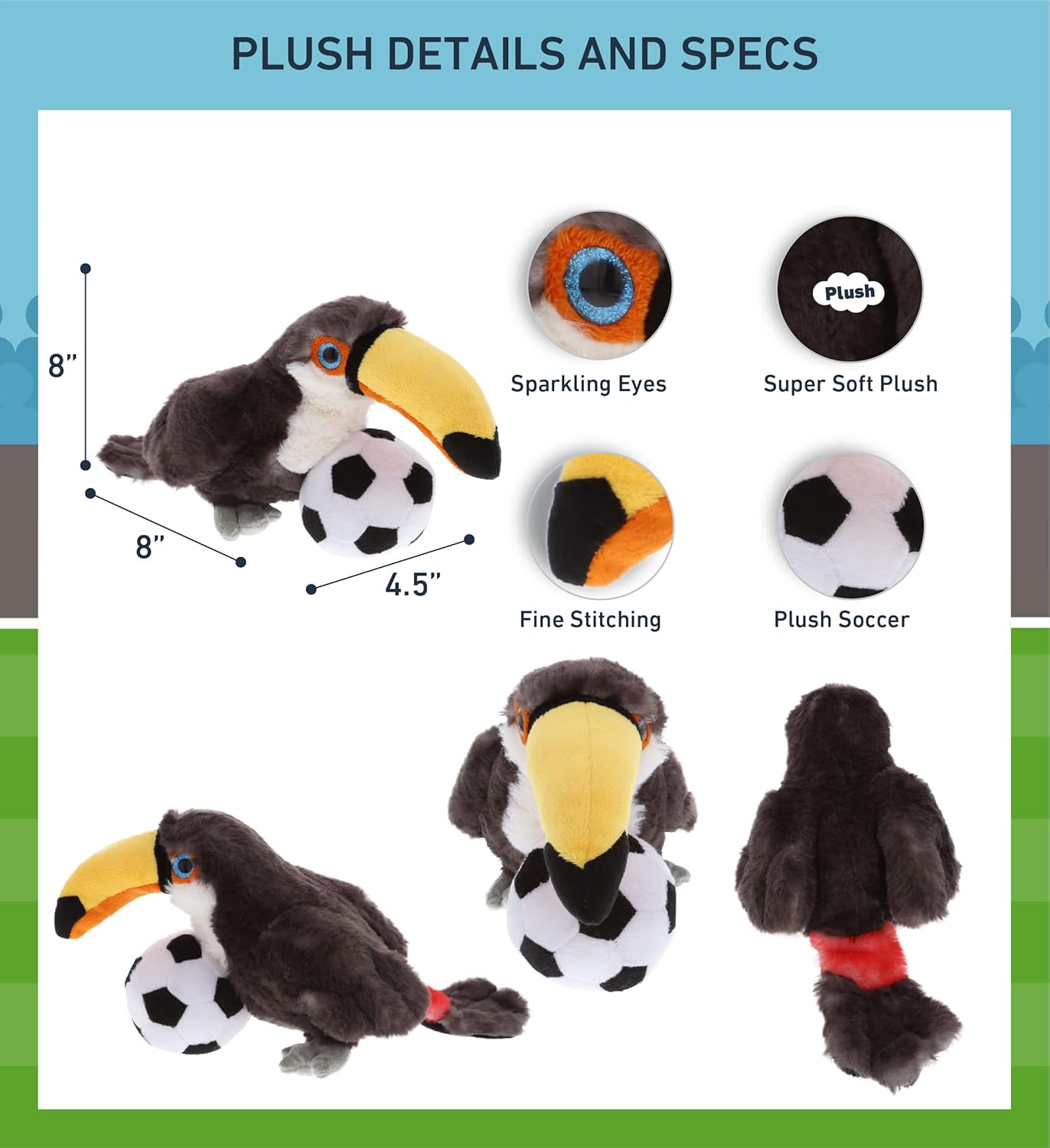 DolliBu Toucan Plush with Soccer Ball - 8 Inch Huggable