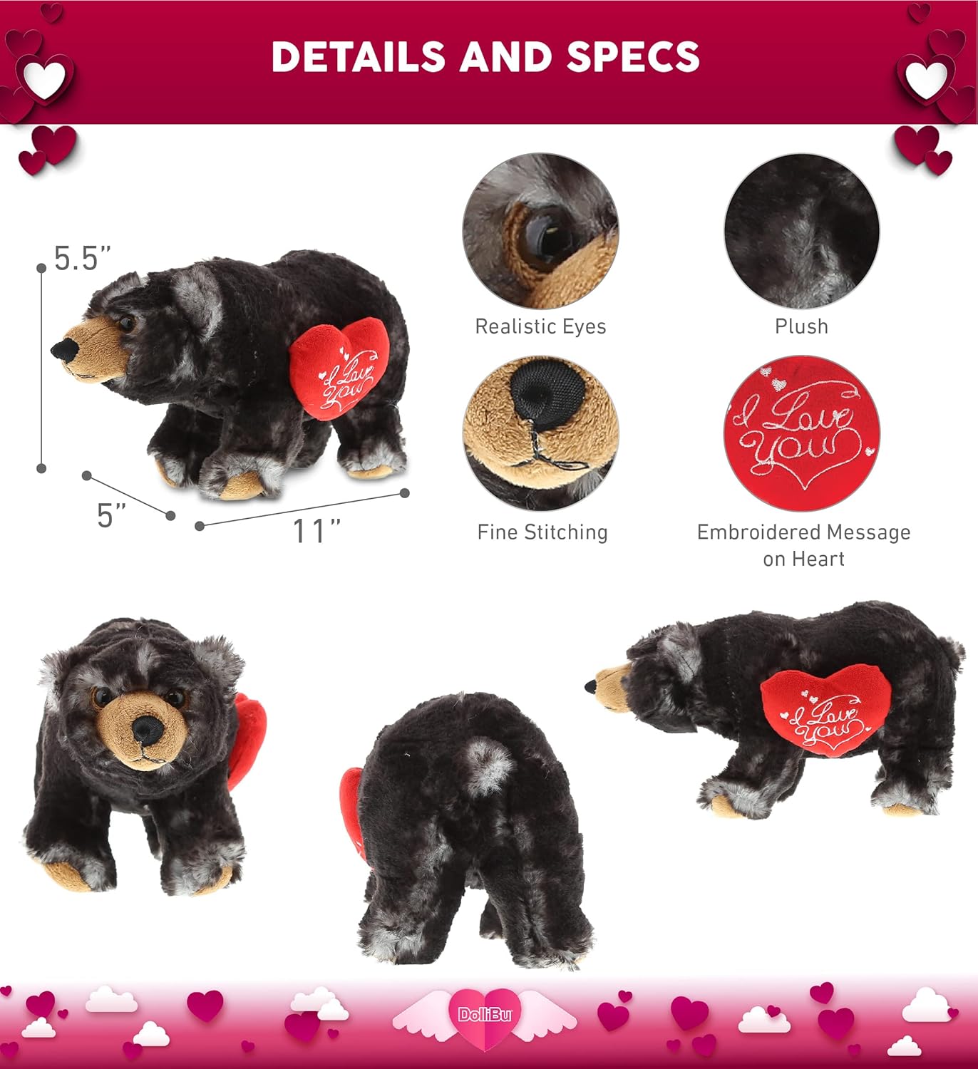 DolliBu Personalized Valentine Wild Black Bear Plush Toy