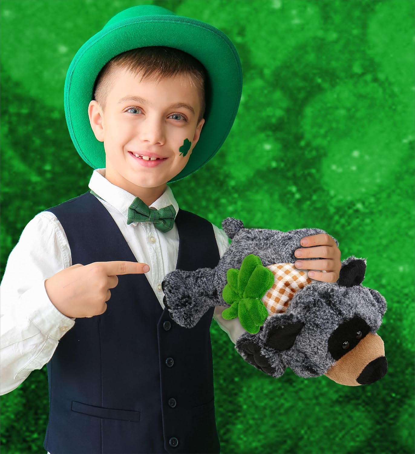 DolliBu 9 Inch Lying Black Bear Plush with Green Shamrock