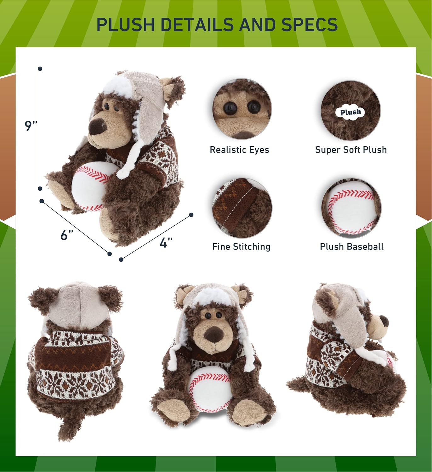 DolliBu Grizzly Bear with Clothes - 9 Inch Sports Plush Toy