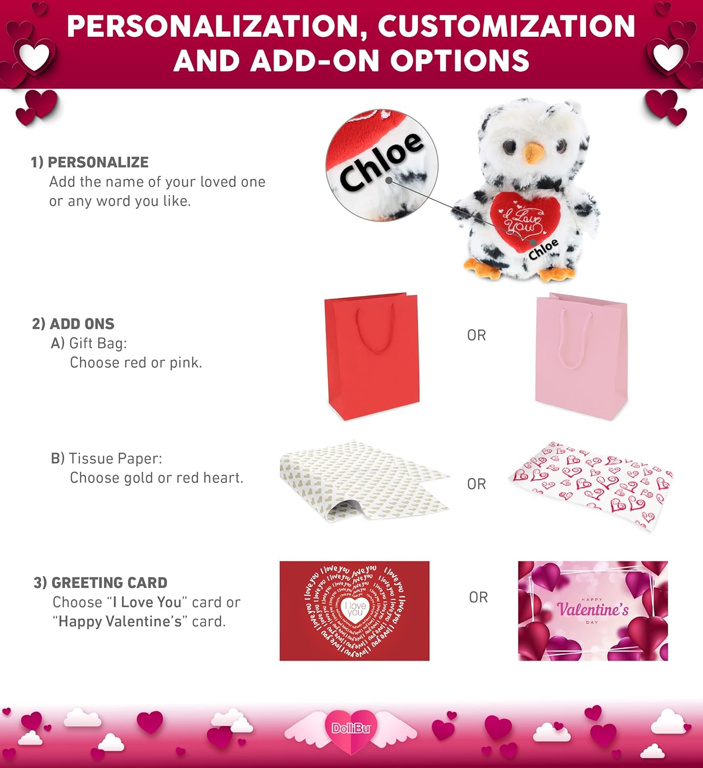 DolliBu I Love You Valentine Plush Owl - Personalized Name Gift
