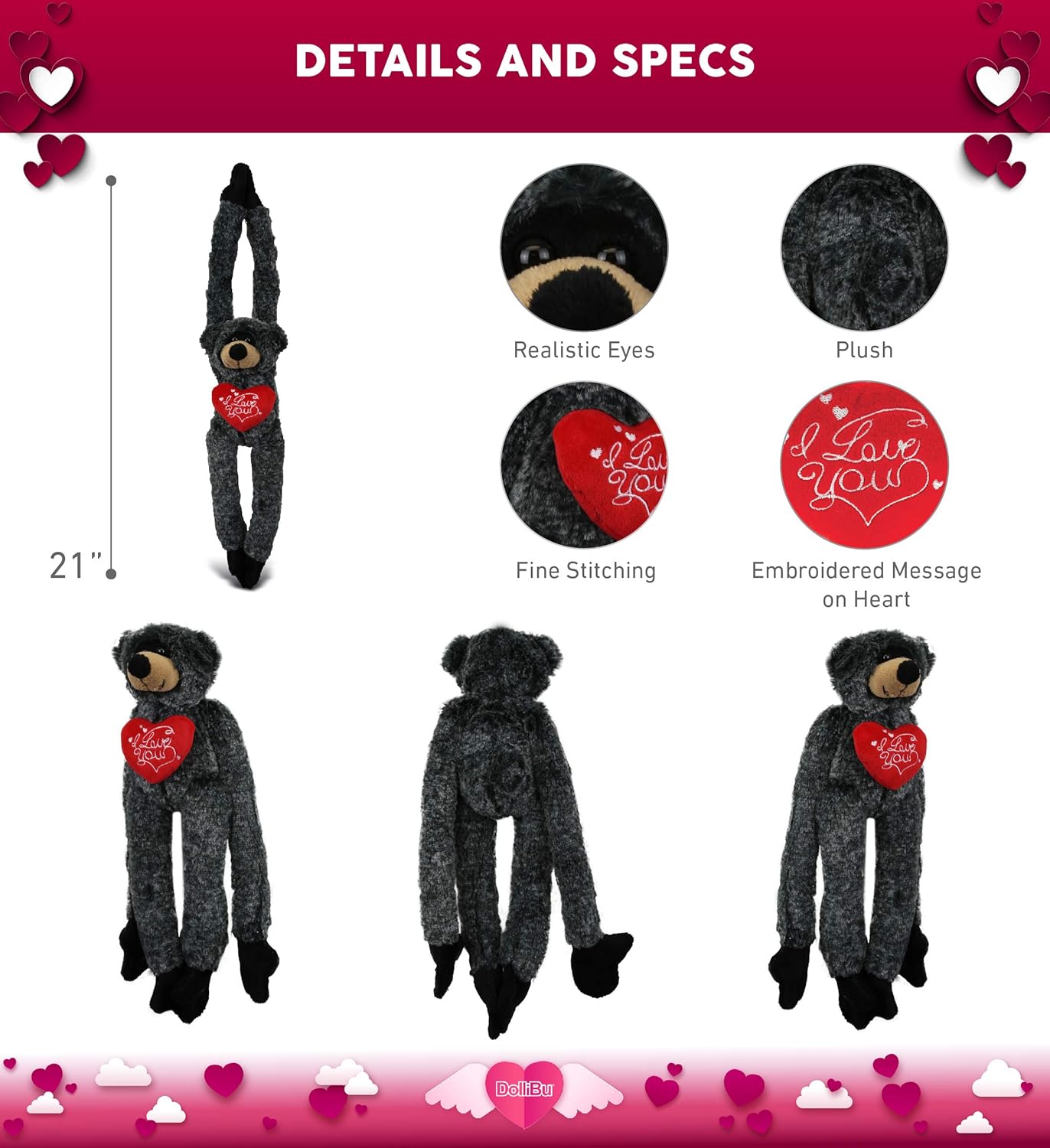 DolliBu I Love You Valentine Black Bear Plush - 21 Inches
