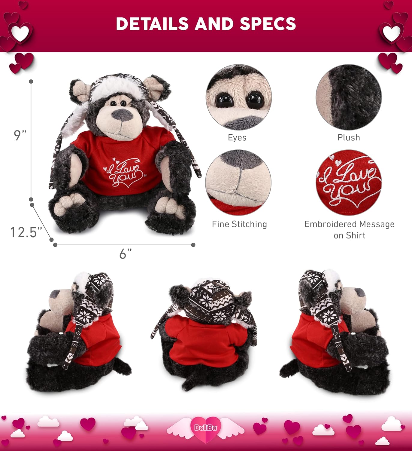 DolliBu I Love You Valentine Plush Black Bear with Clothes - 125 Inches
