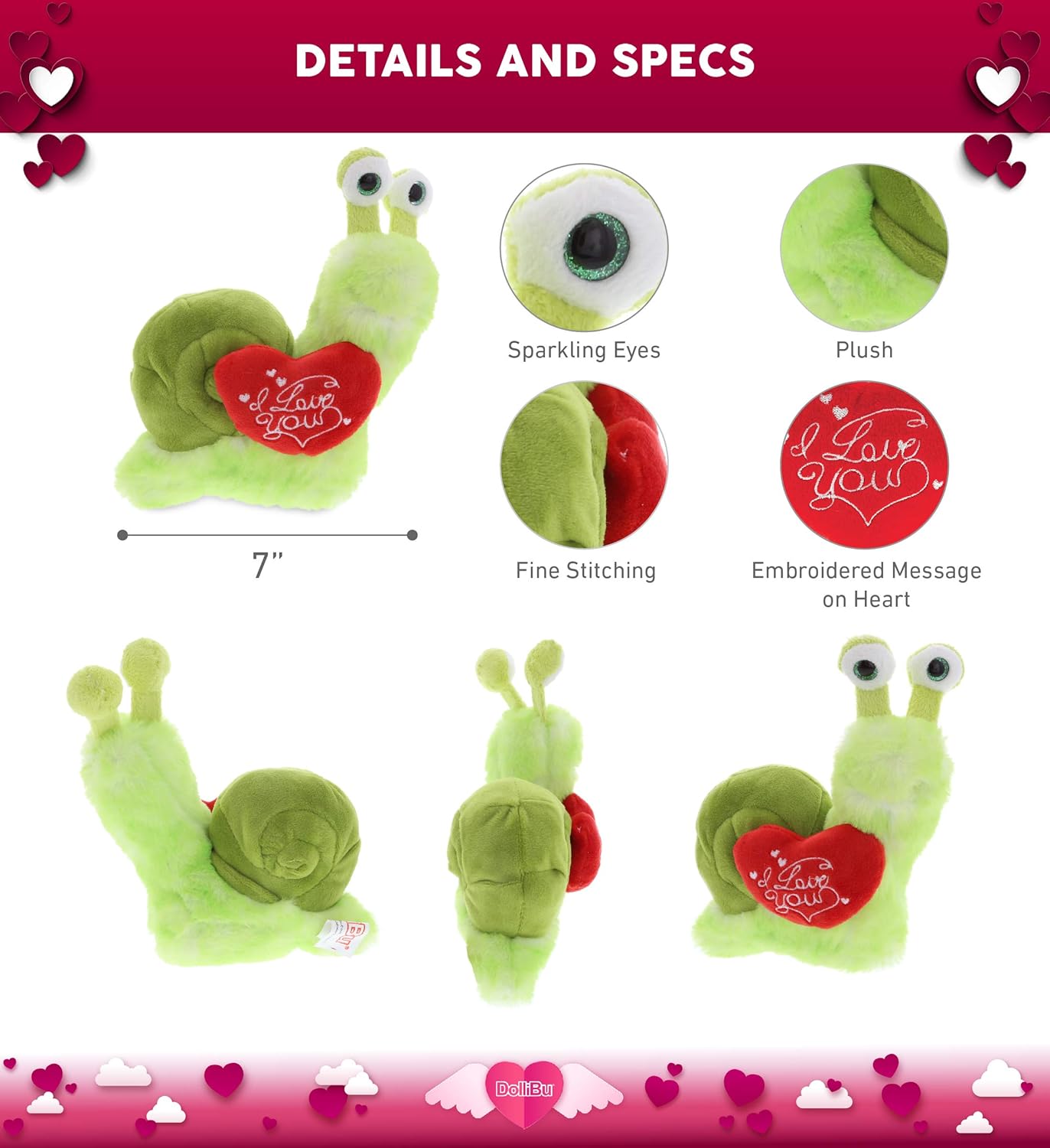 DolliBu I Love You Valentine Green Snail Plush Toy