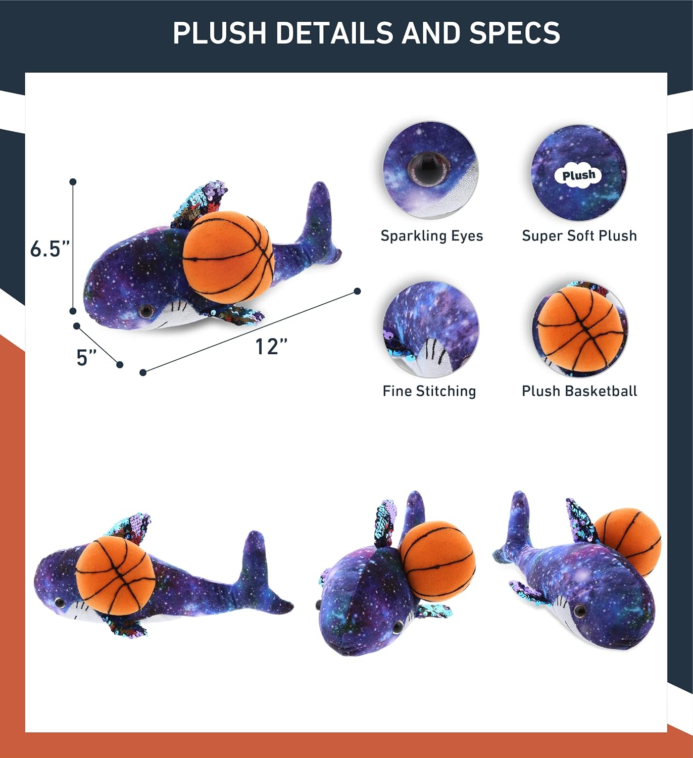 DolliBu Space Sequin Shark Stuffed Animal with Basketball