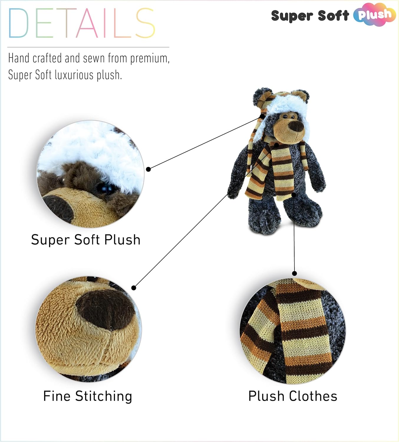 DolliBu Plush Black Bear Stuffed Animal - 11 Inches with Hat and Scarf