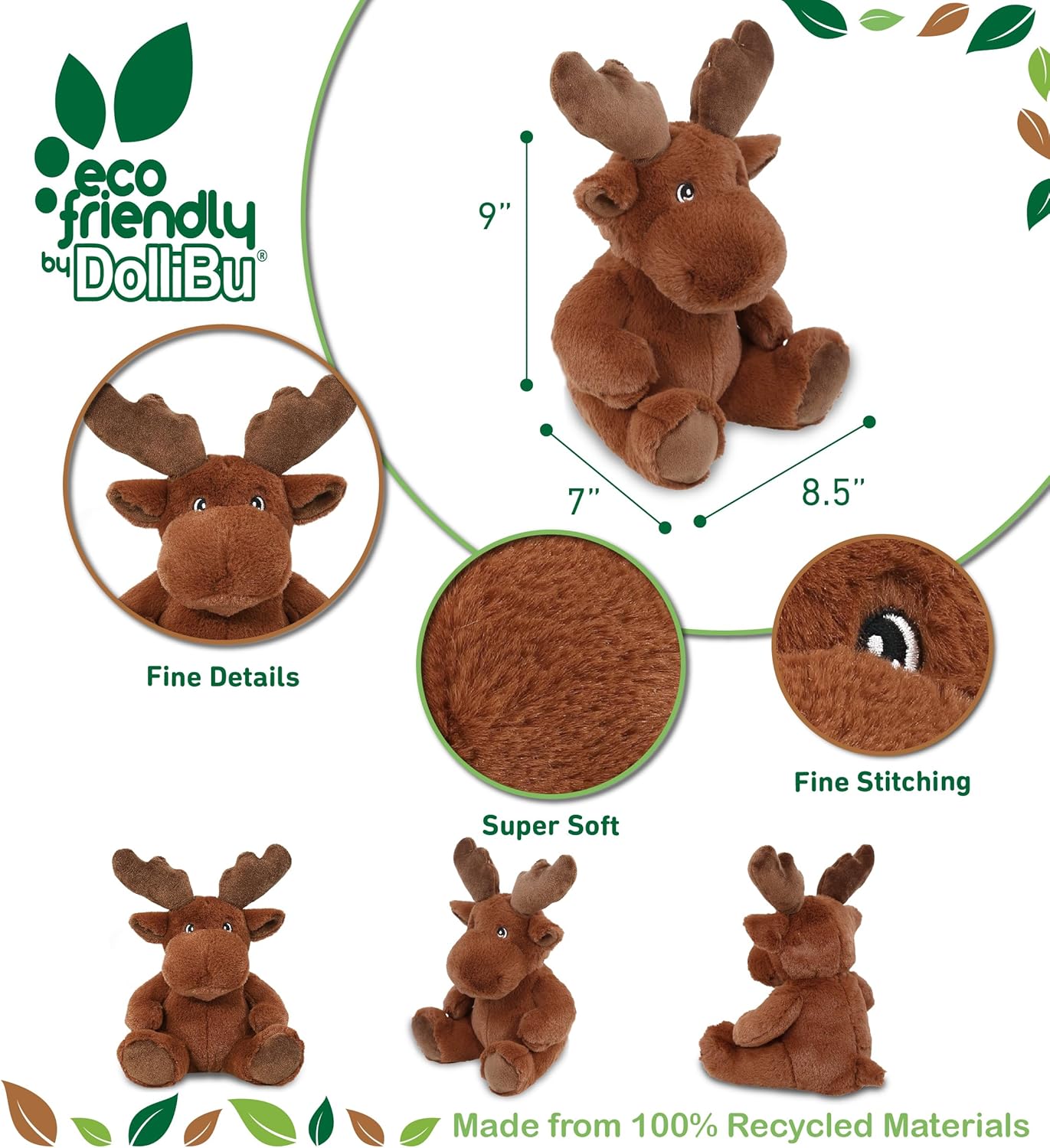 DolliBu Moose Plush Toy 9 Inches Eco-Friendly Cuddle