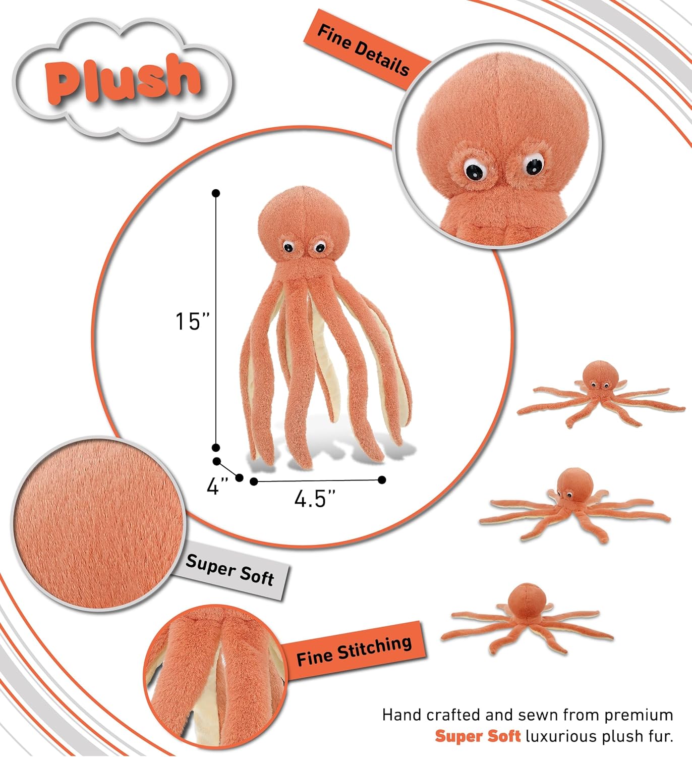 DolliBu Orange Octopus Super Soft Plush Toy 15 Inches
