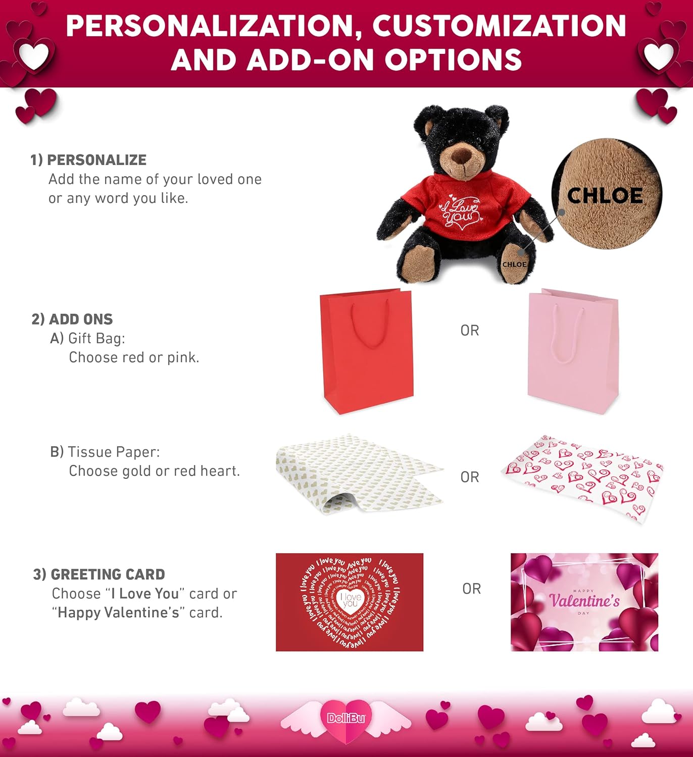 DolliBu I Love You Valentine Black Bear Plush - 10 Inches