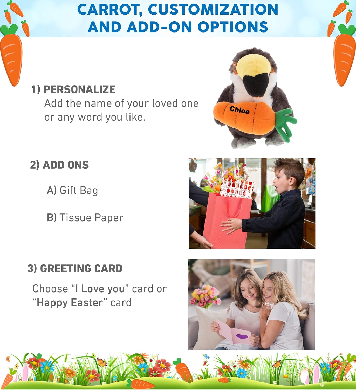 DolliBu Happy Easter Plush Toucan with Carrot - 8 Inch Stuffed Animal