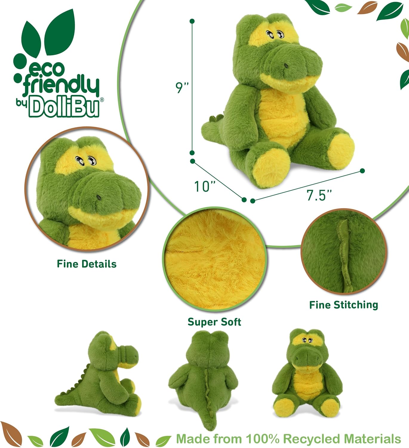 DolliBu Alligator Plush Toy 9 Inches Eco-Friendly Stuffed Animal