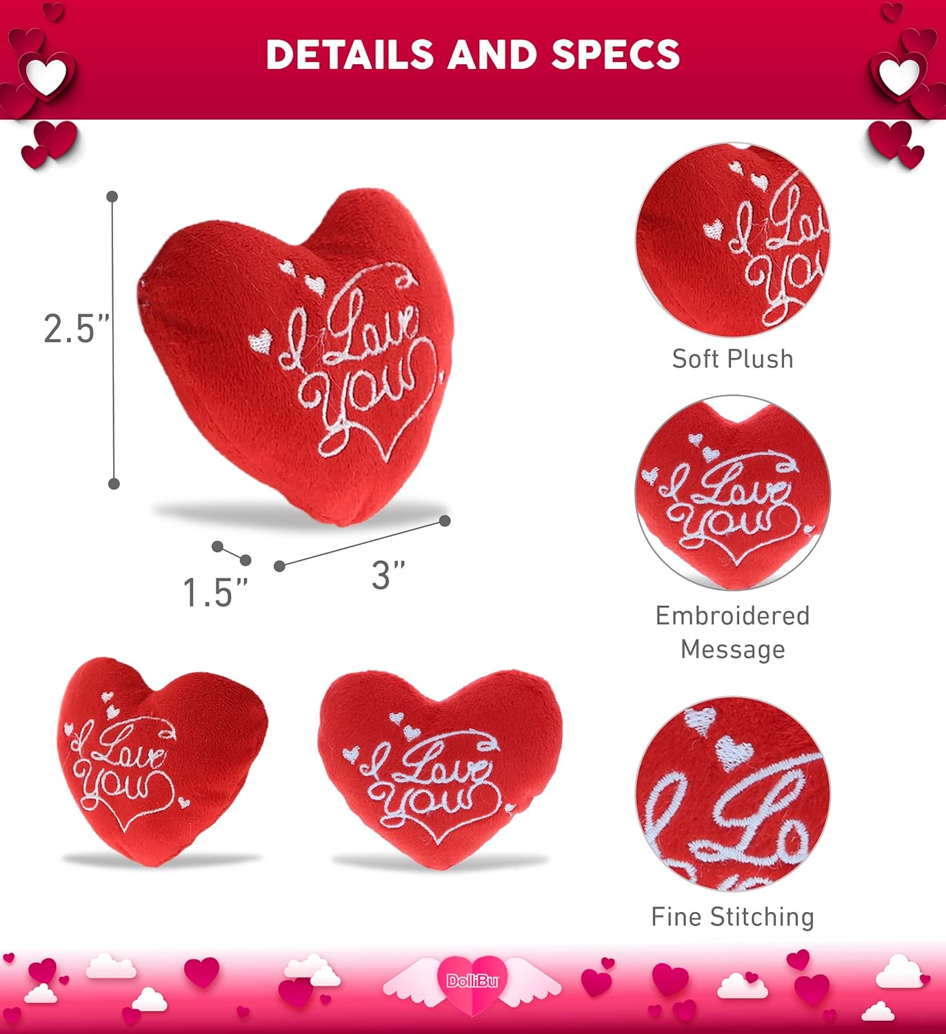 DolliBu I Love You Red Heart Plush - 3 Inches Mini