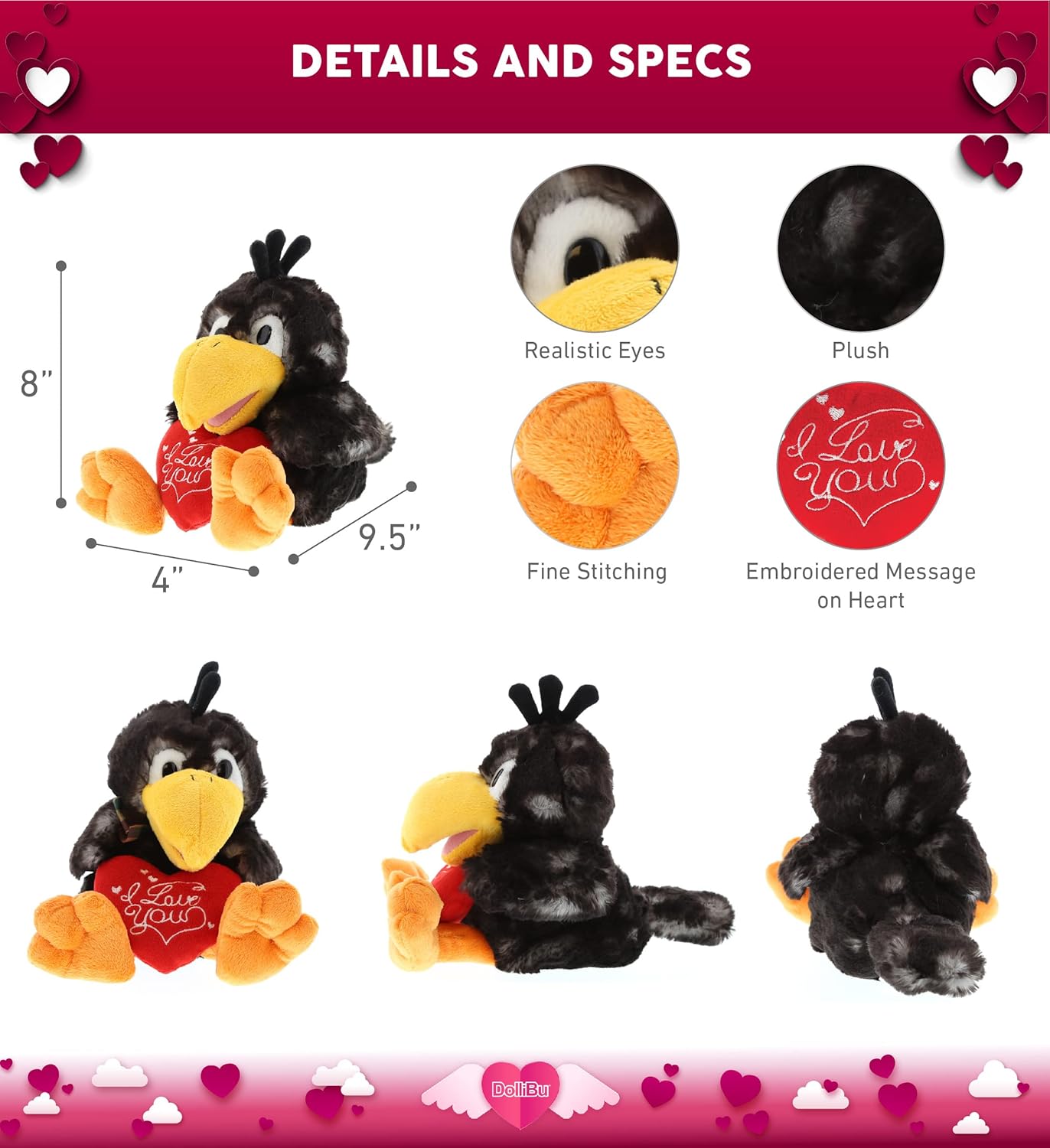 DolliBu I Love You Sitting Crow Plush Toy - 95 Inches