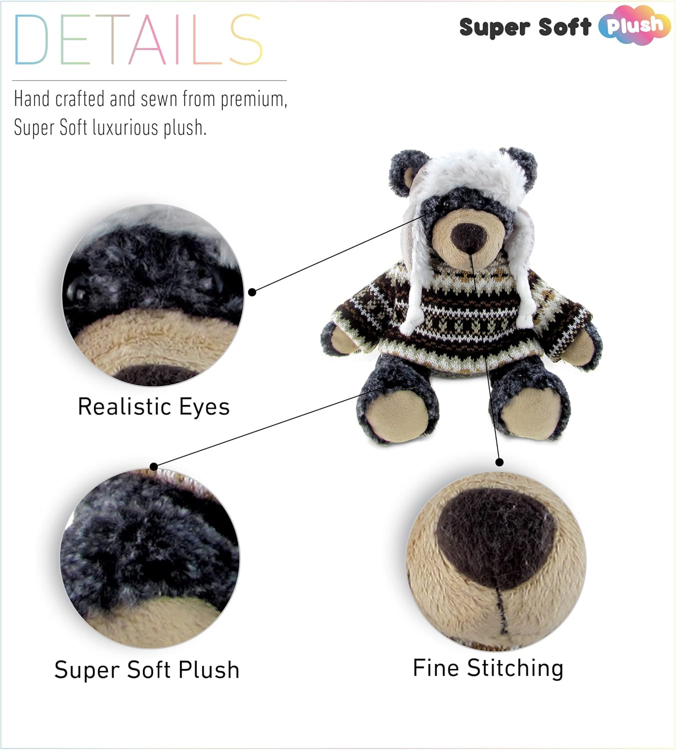 DolliBu Plush Black Bear with Hat and Sweater - 9 Inches