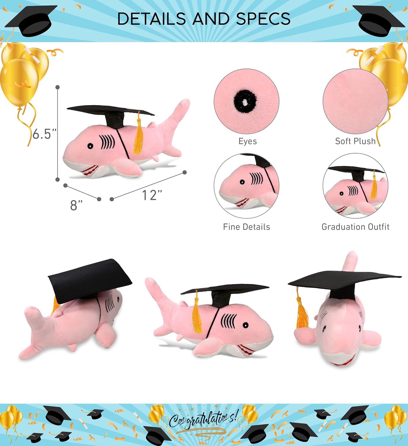DolliBu Pink Shark Graduation Plush Toy - 12 Inches 1