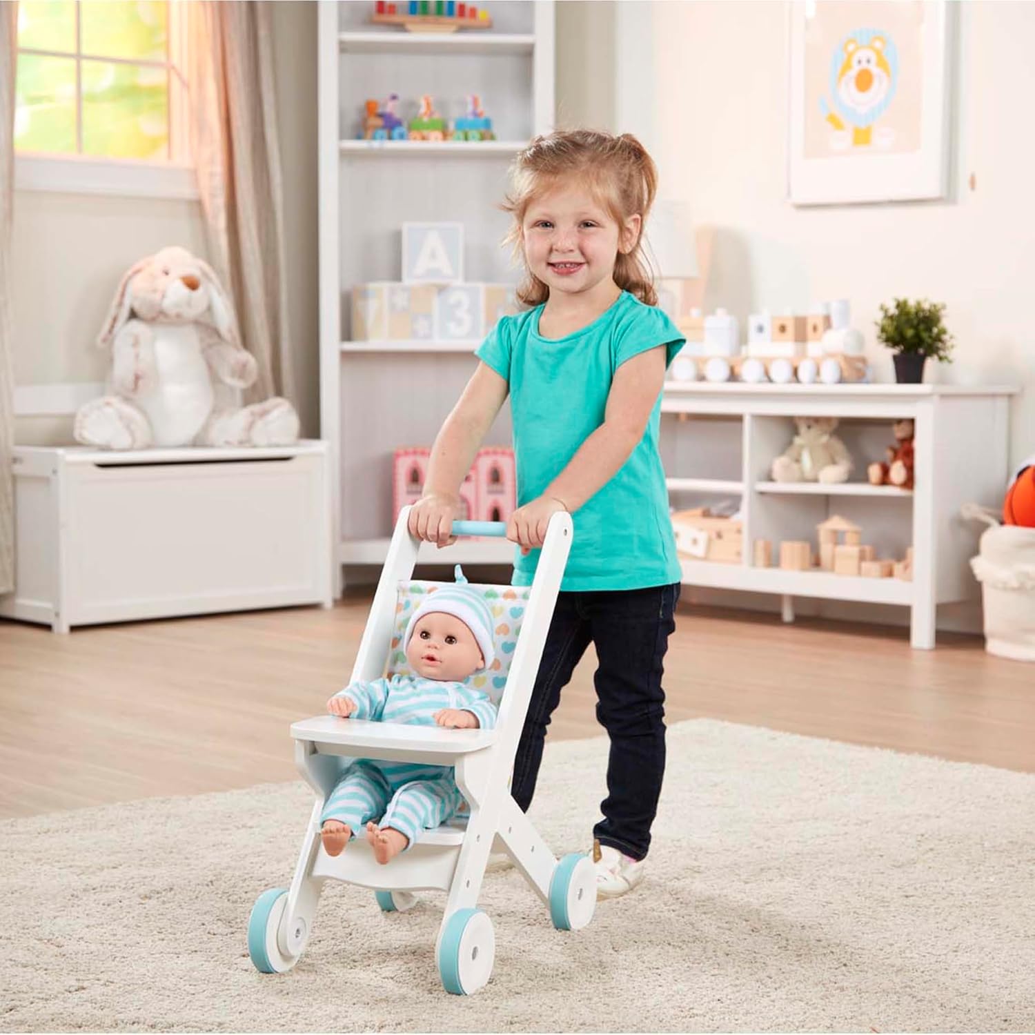 Melissa Doug White Wooden Play Stroller for Dolls and Stuffed Animals