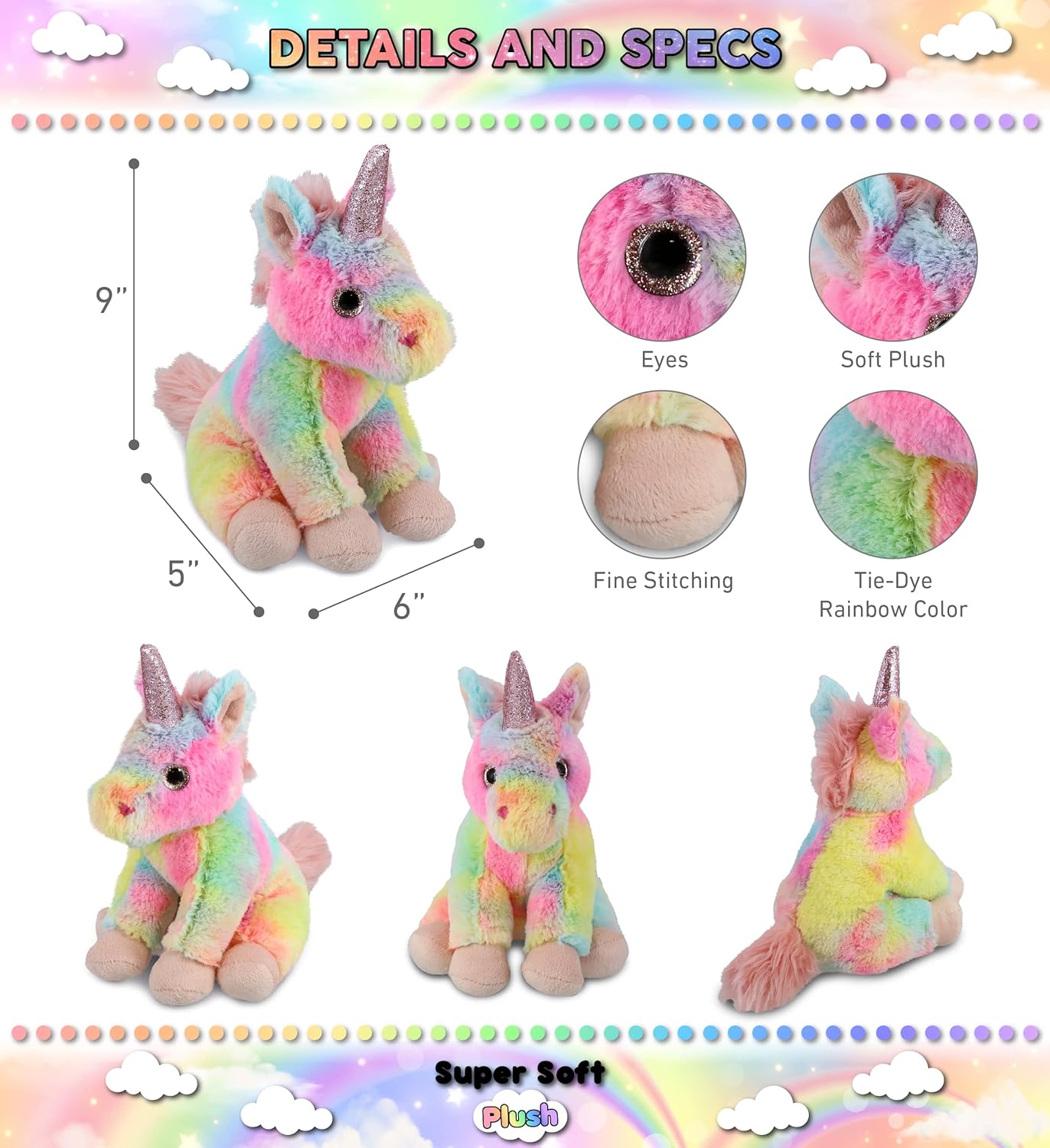 DolliBu Rainbow Unicorn Plush Toy - 9 Inch