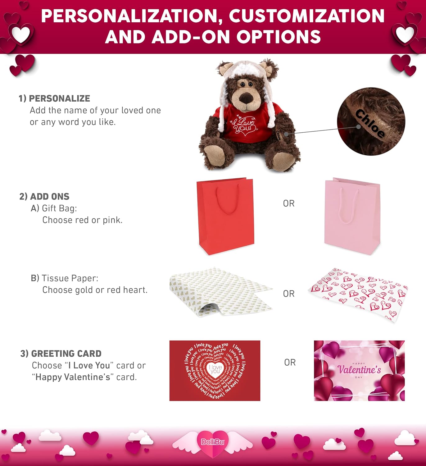 DolliBu I Love You Grizzly Bear Plush with Clothes