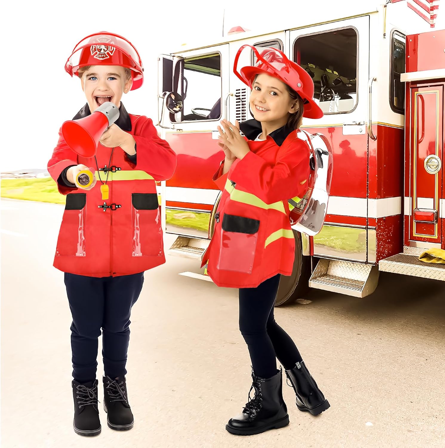 deAO Fireman Costume Kids 13 Pcs Dress Up Set