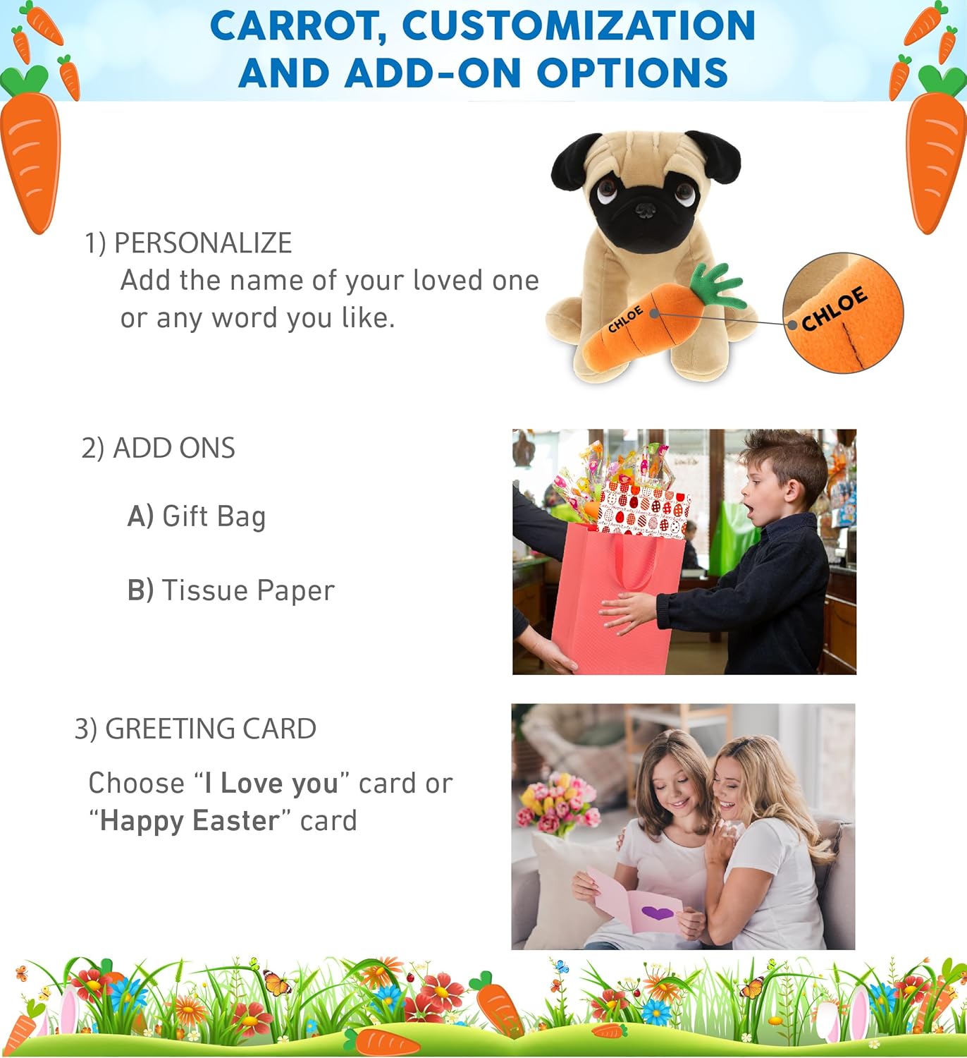 DolliBu Happy Easter Soft Plush Pug Dog with Carrot