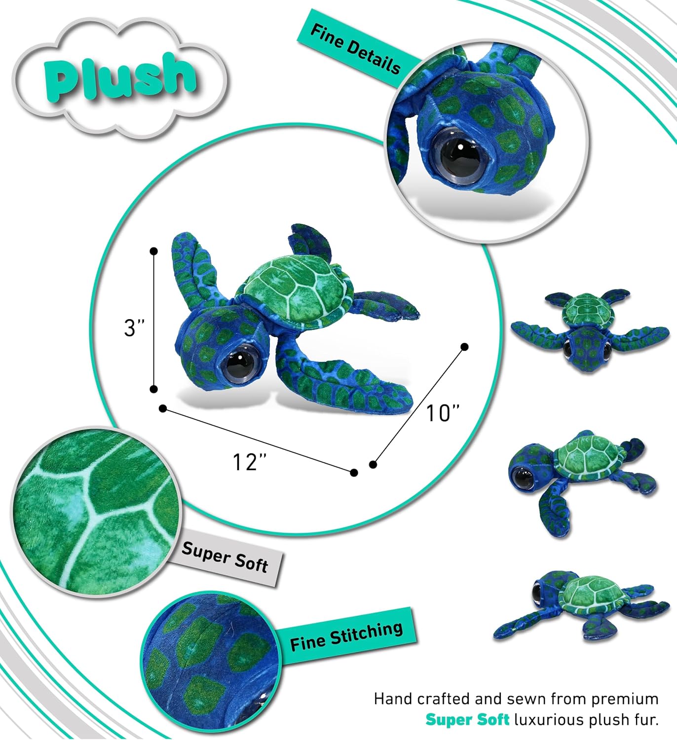 DolliBu Blue Sea Turtle Plush Toy 10 Inches