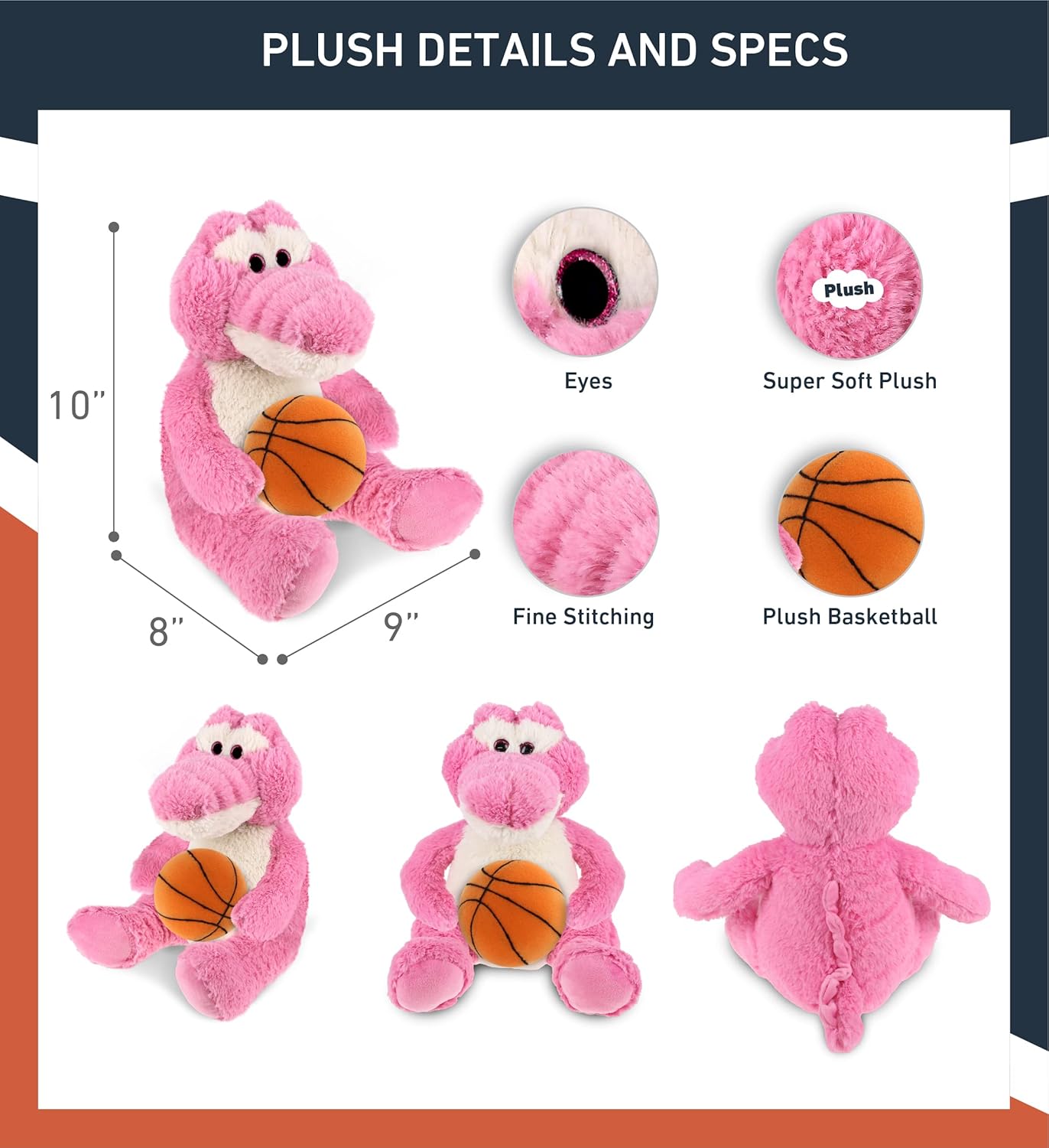 DolliBu Sitting Pink Alligator Plush with Basketball - 10 Inches