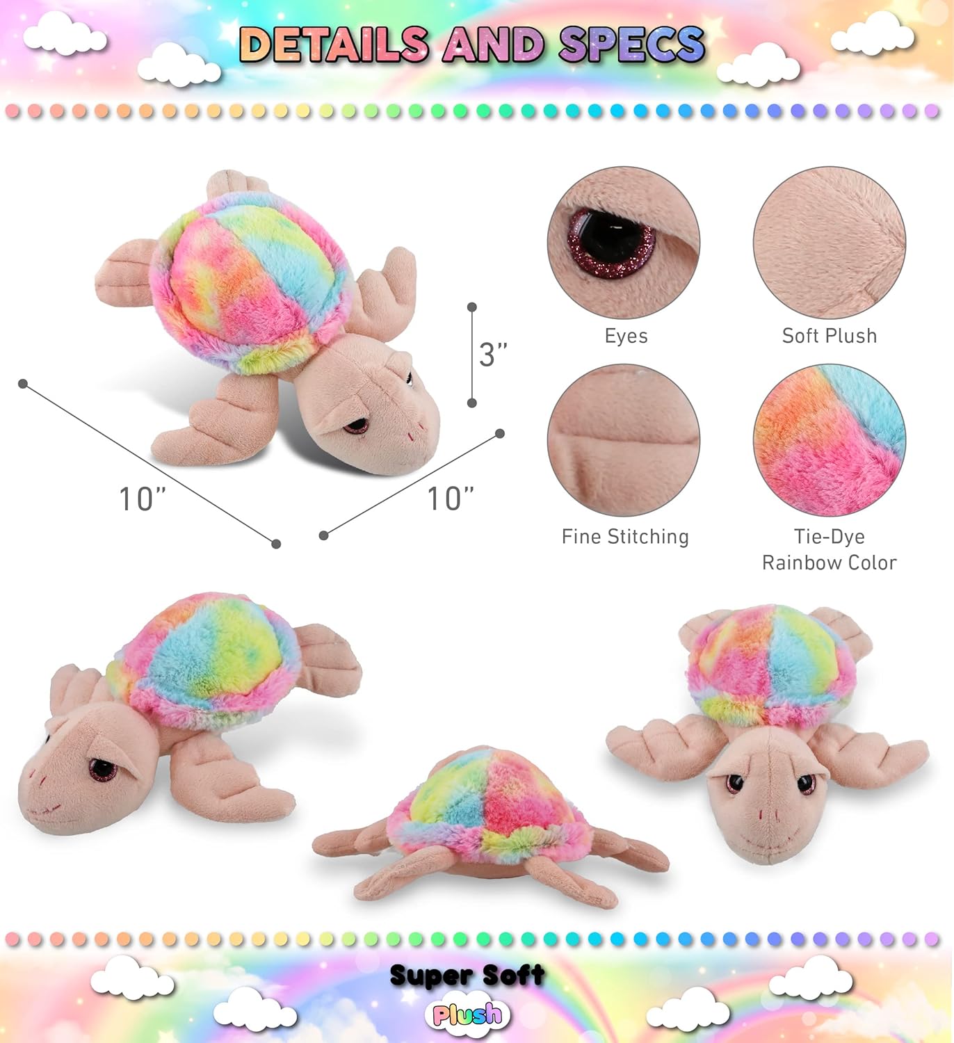 DolliBu Rainbow Pink Sea Turtle Plush Toy