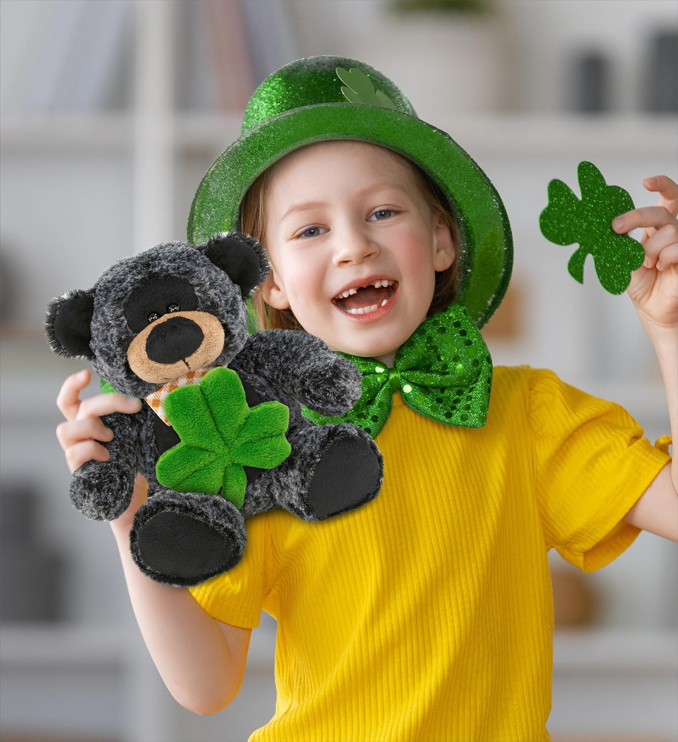 DolliBu 9 Inch Sitting Black Bear Plush with Shamrock