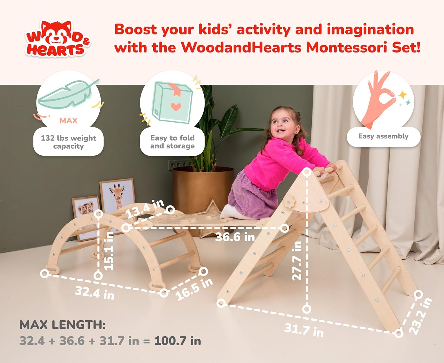 Wood And Hearts 3 in 1 Climbing Gym for Toddlers