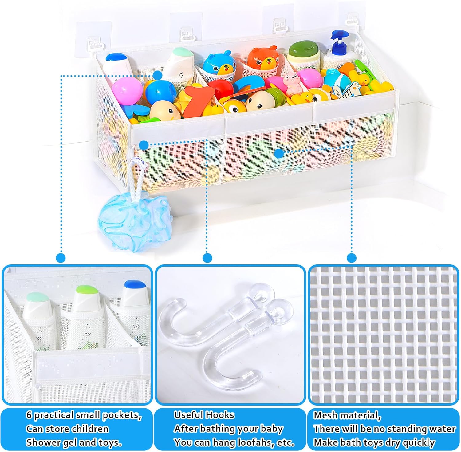 KPH Bath Toy Holder with 6 Pockets and Mesh Drying