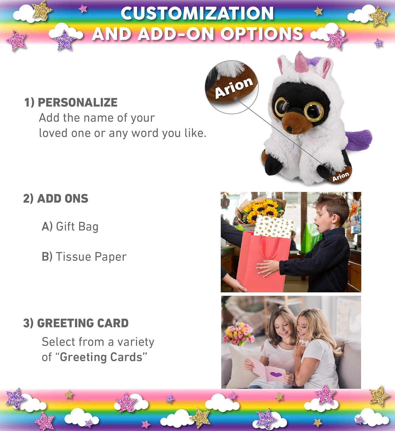 DolliBu Black Bear Unicorn Plush - 8 Inches Name Personalized