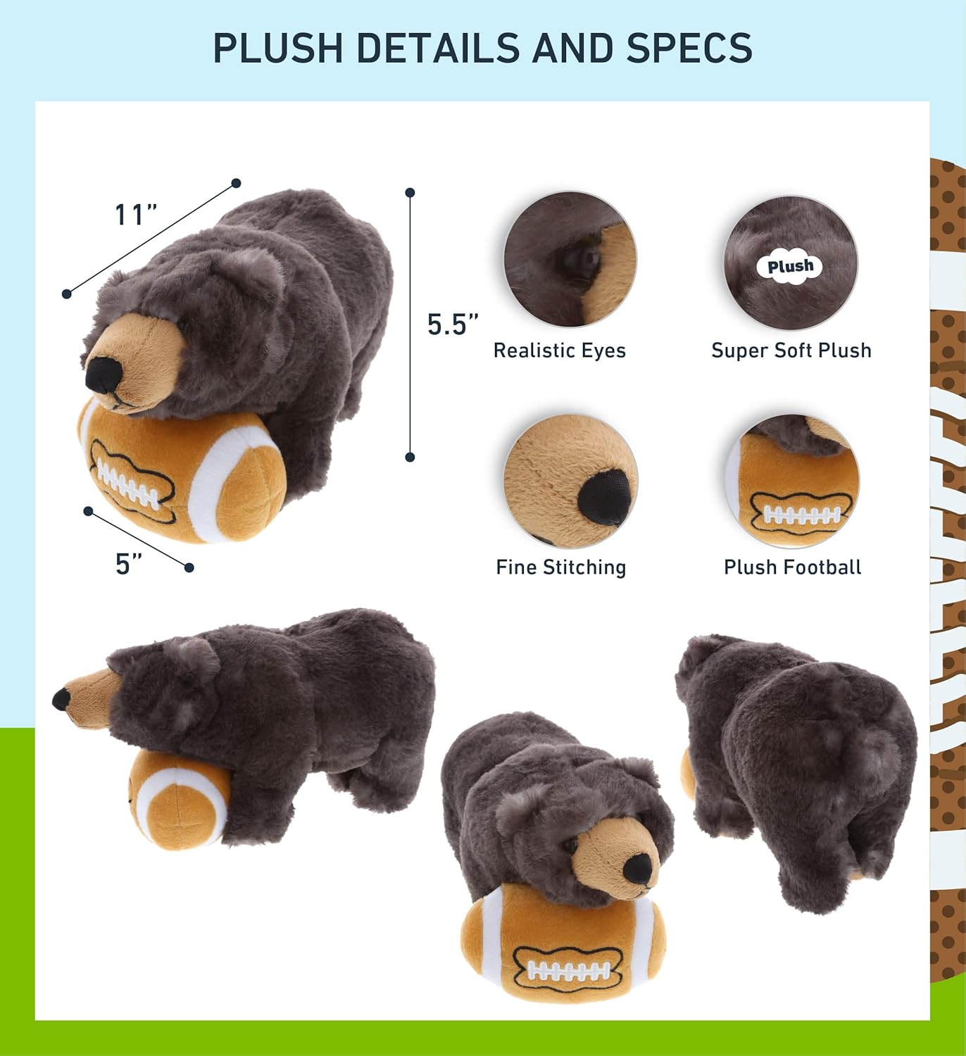 DolliBu Black Bear Plush with Football - 11 Inch Soft Huggable Stuffed Animal