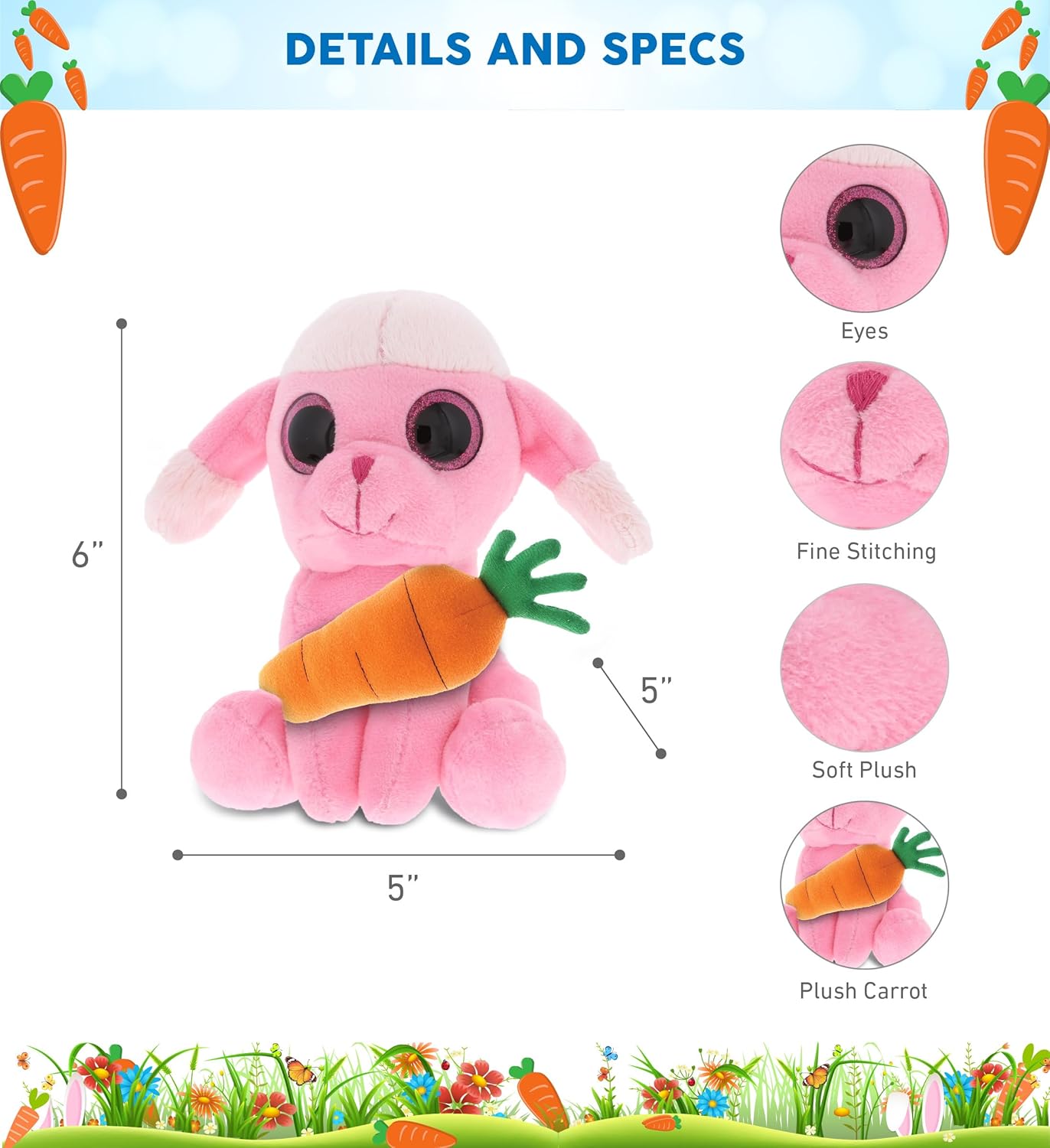 DolliBu Sparkling Eyes Pink Poodle Dog with Carrot - 6 Inches Easter Plush Toy