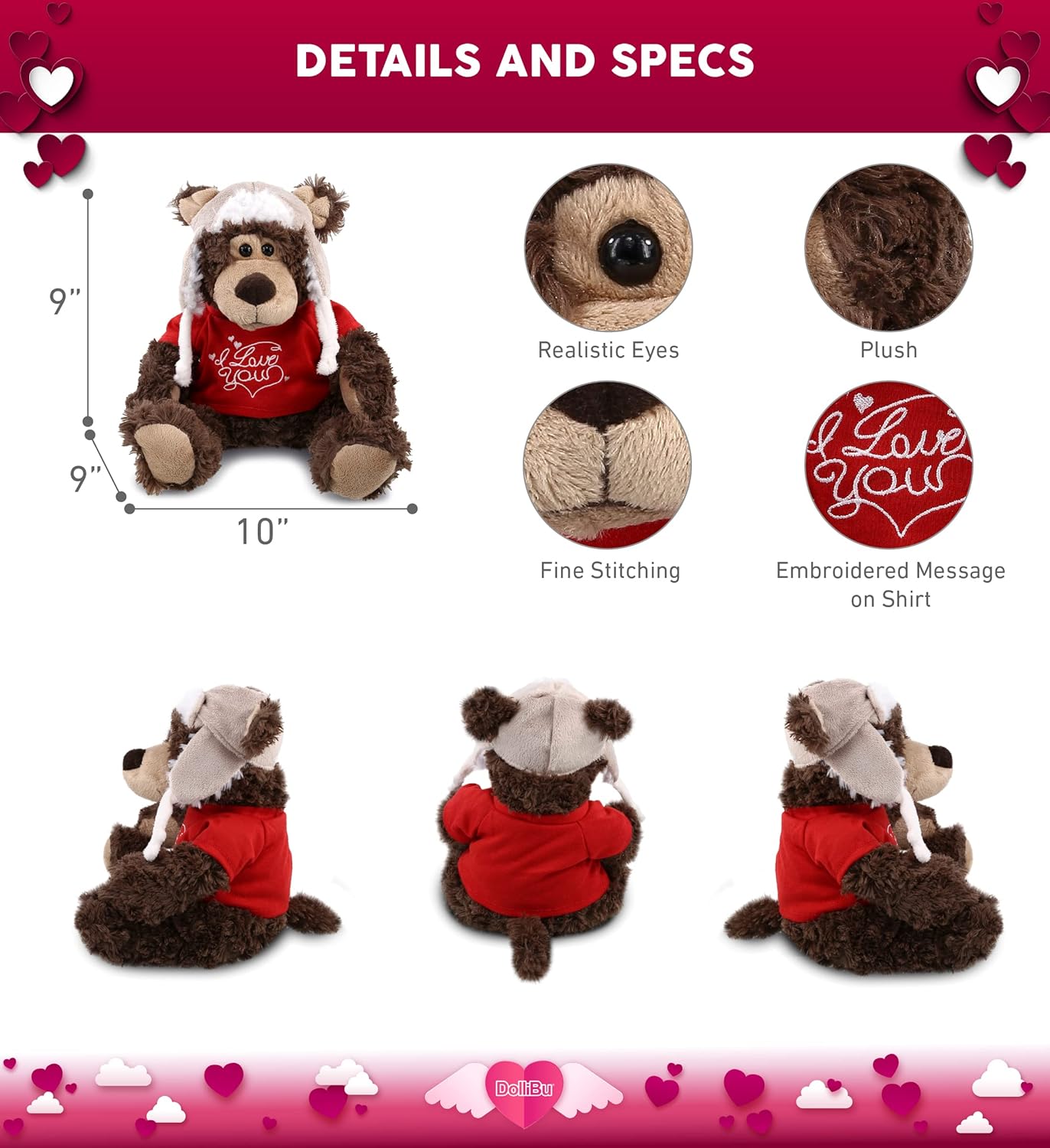DolliBu I Love You Grizzly Bear Plush with Clothes