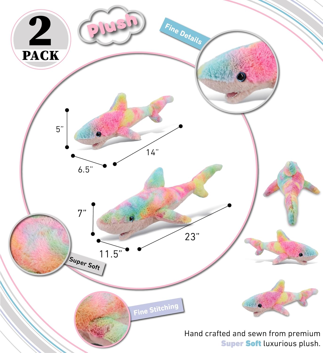 DolliBu Rainbow Plush Shark Stuffed Toys 2 Pack