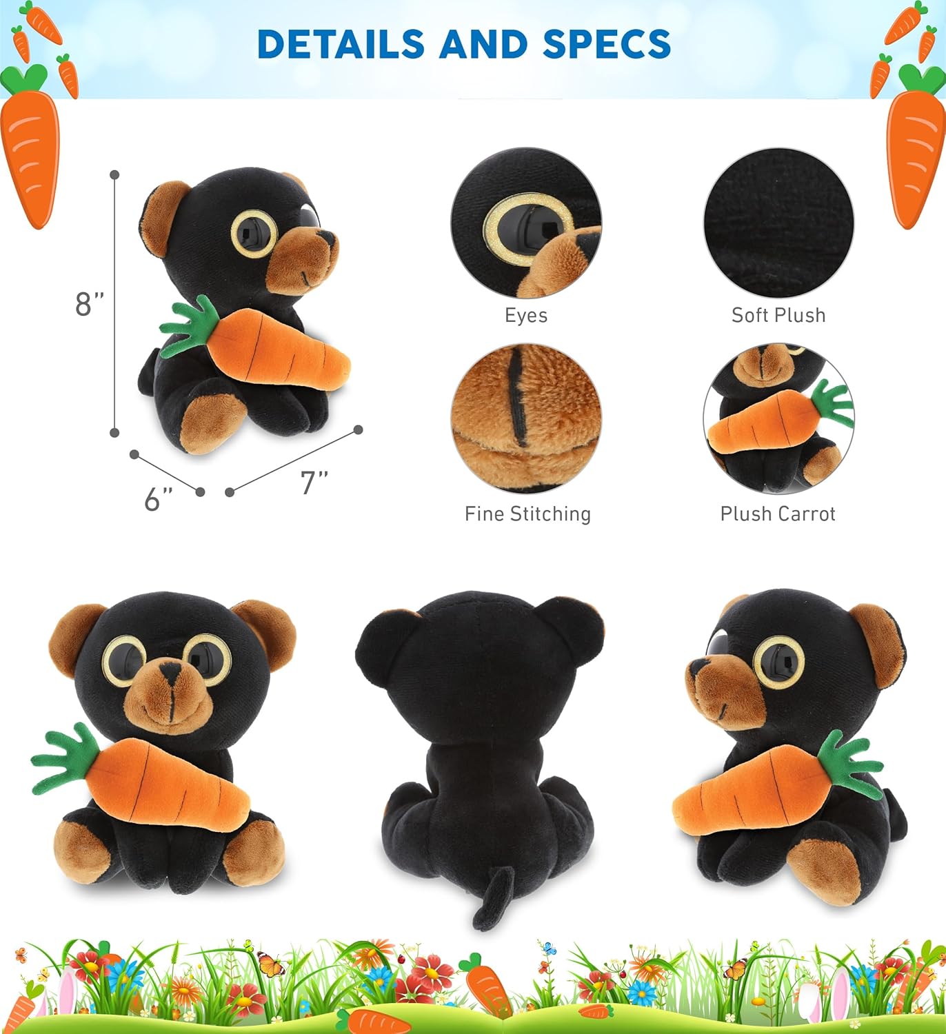 DolliBu Happy Easter Black Bear Plush Toy 8 Inches